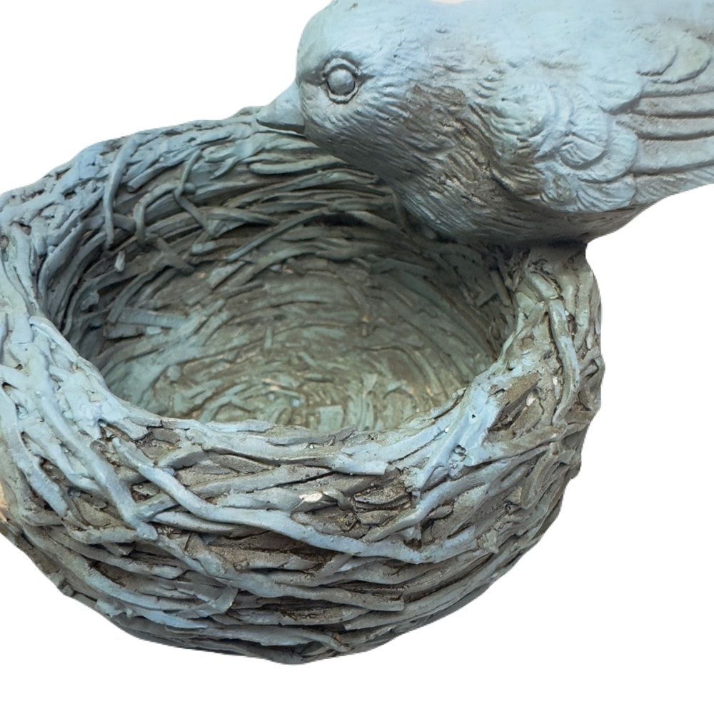 Nesting Bird Dish Trinket Bowl Aqua Rustic Sculpture Figurine 6” Vintage Art - Picture 9 of 16